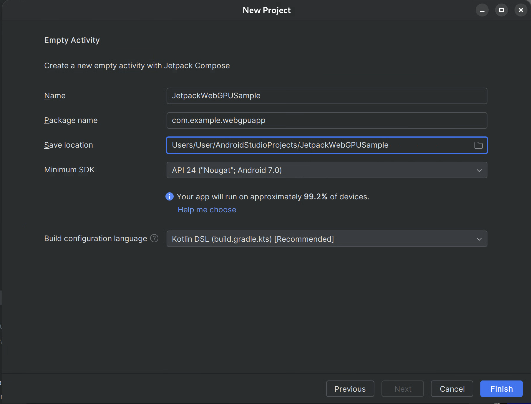 Android Studio 的「Empty Activity」對話方塊，內含可填入新空白活動的欄位，例如「Name」、「Package Name」、「Save Location」和「Minimum SDK」。